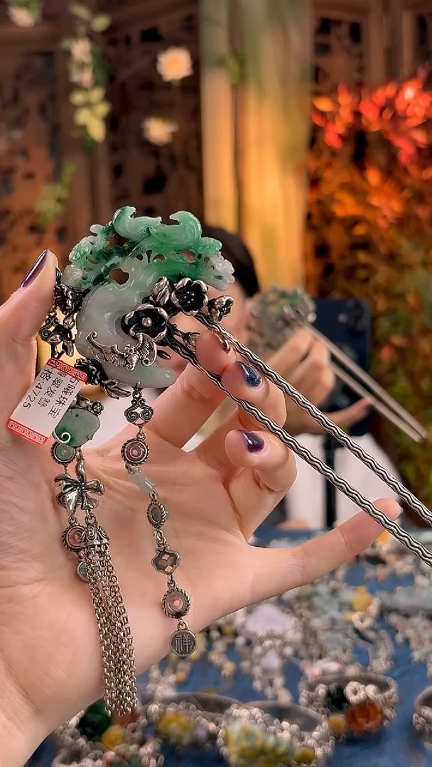 银S925镶嵌挂件翡翠发簪