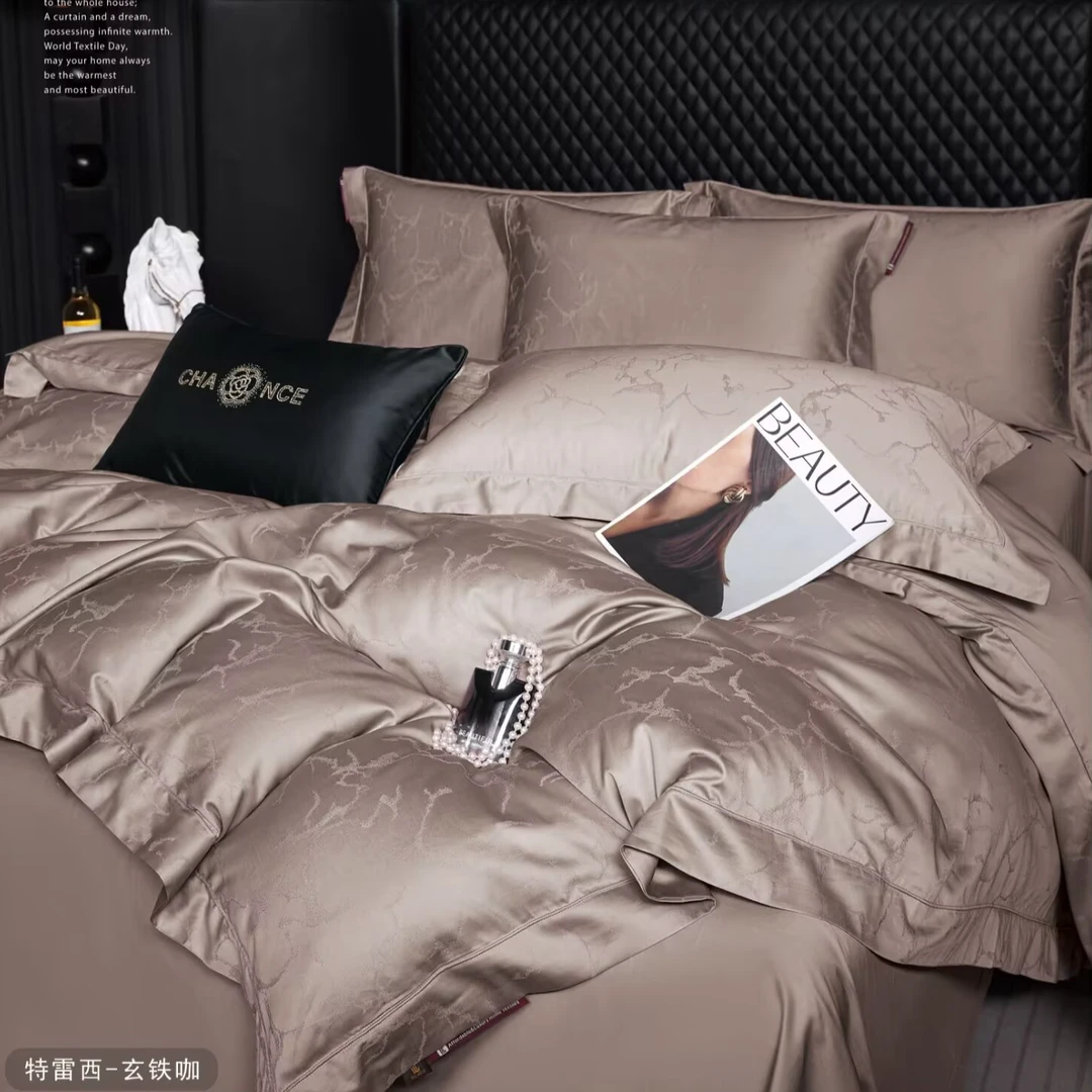 【特雷西】100支全棉新疆长绒棉贡缎提花四件套，100%棉宽边埋绳款