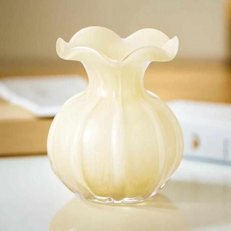 S大号法式芬顿钱袋子花瓶高级感ins奶玉色客厅餐桌插花摆件中古