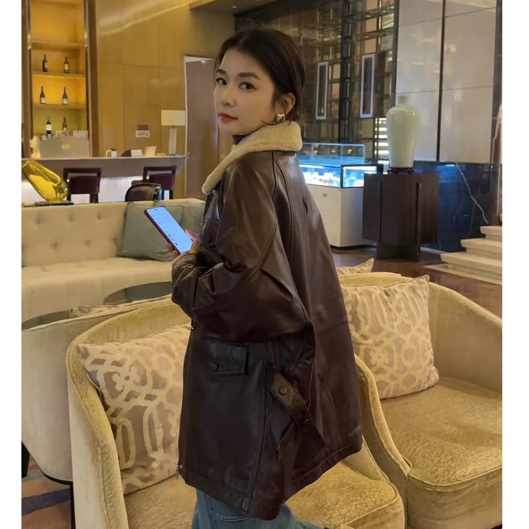 ZM24年冬季新款中长款油蜡绵羊皮羊毛领宽松鹅绒大衣（9087）