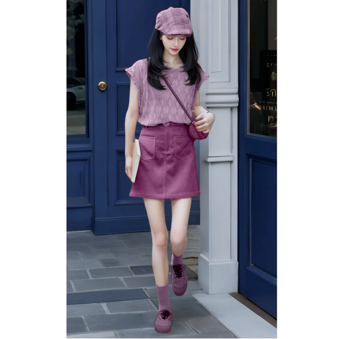 港式复古小个子短袖t恤女2025新款夏季圆领通勤百搭小众短裙套装