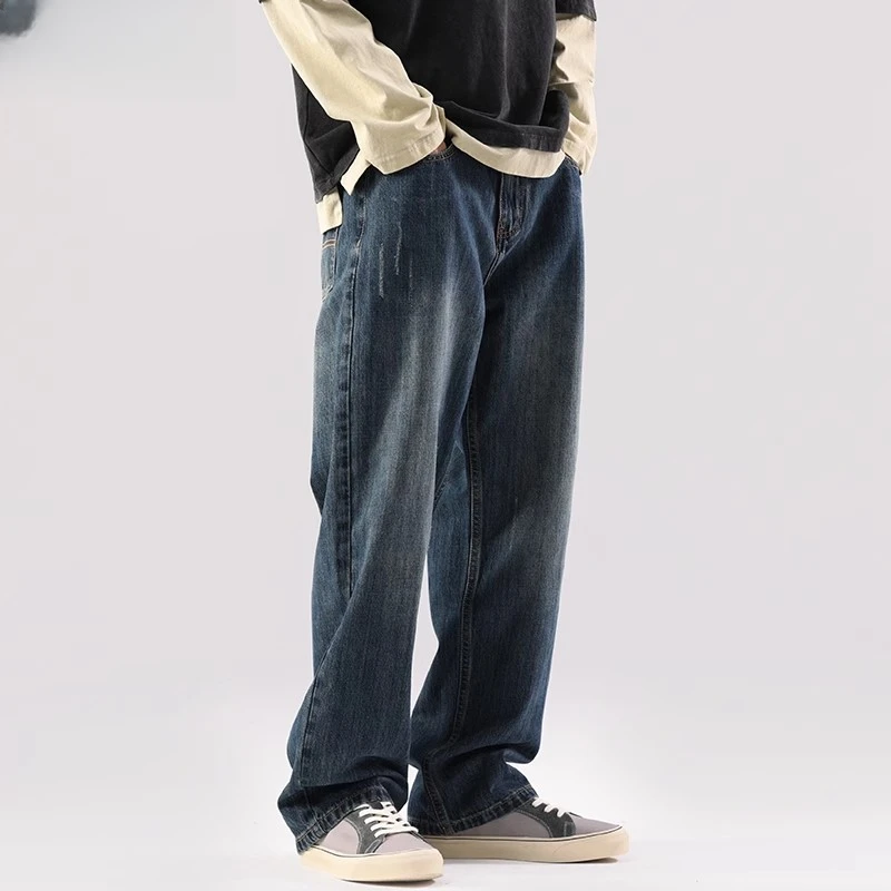 2025新款高街潮牌牛仔裤男ins宽松直筒裤设计感阔腿裤美式长裤男