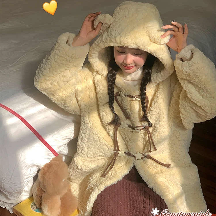 2024新款冬季中长款毛绒外套女小熊软糯耳朵连帽加厚毛毛大衣