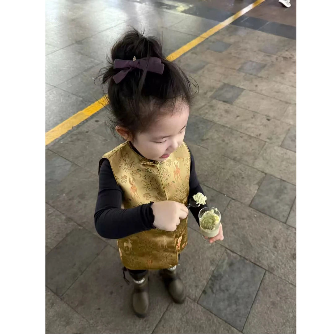 壹妈童装中国风套装秋冬儿童新中式黄色汉服马甲上衣打底裤两件套