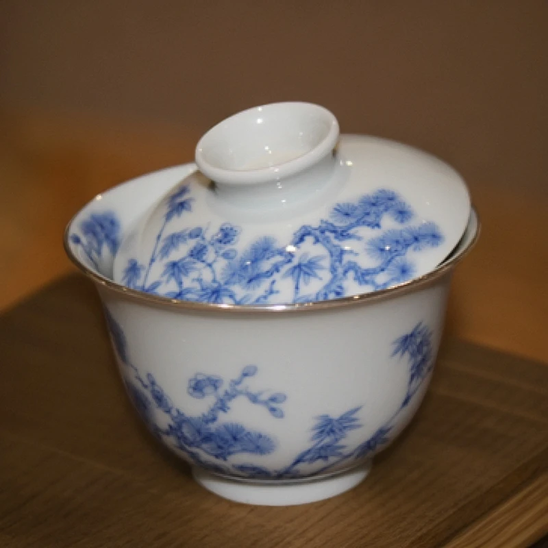 云山堂手绘包银口气松树诗文陶瓷大盖碗白瓷盖碗茶具120毫升