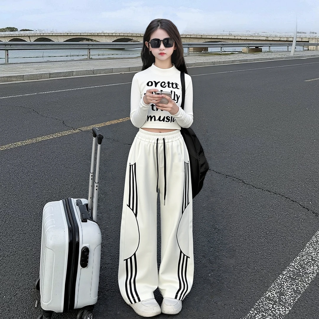 女童工装裤套装酷飒风2025秋季新款中大童长袖字母T恤潮搭运动裤