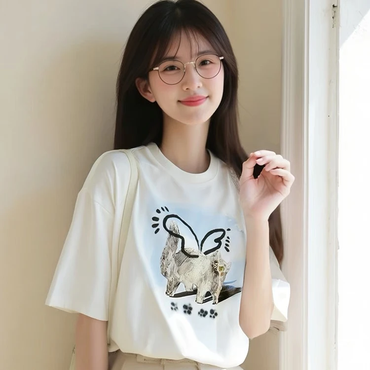 9028春季2025新款猫咪印花韩系小众别致气质百搭短袖T恤
