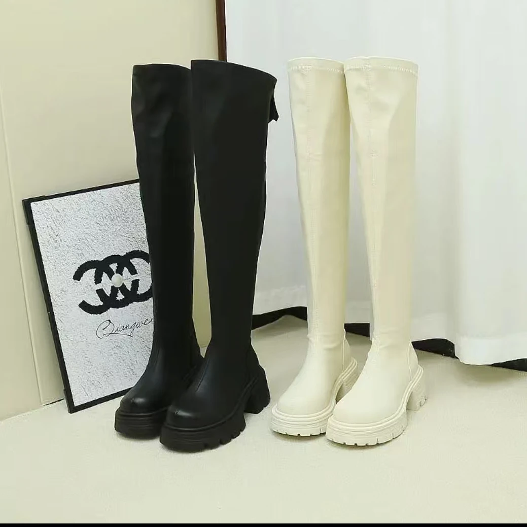 310-88 冬季新款时尚百搭圆头厚底粗跟韩版长靴加绒