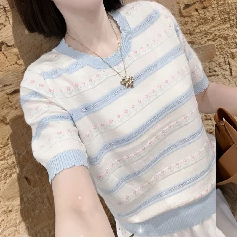 0022毛衣宽松毛针织衫短袖条纹女镂空花朵网红针织衫时尚女装夏季