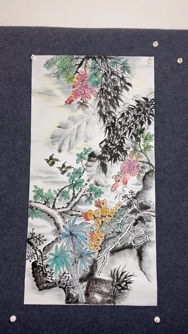 国画手绘花鸟138*69厘米