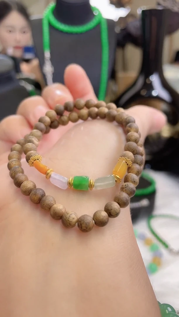 手链翡翠足金镶嵌冰种翡翠两圈手串