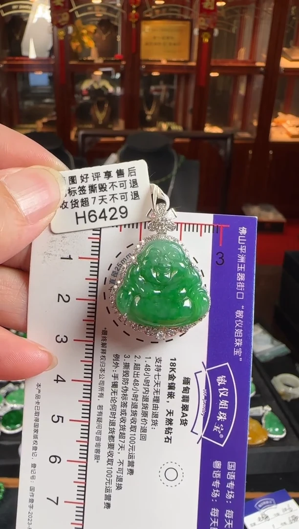 颈饰18K金镶嵌翡翠H6429辣绿佛公