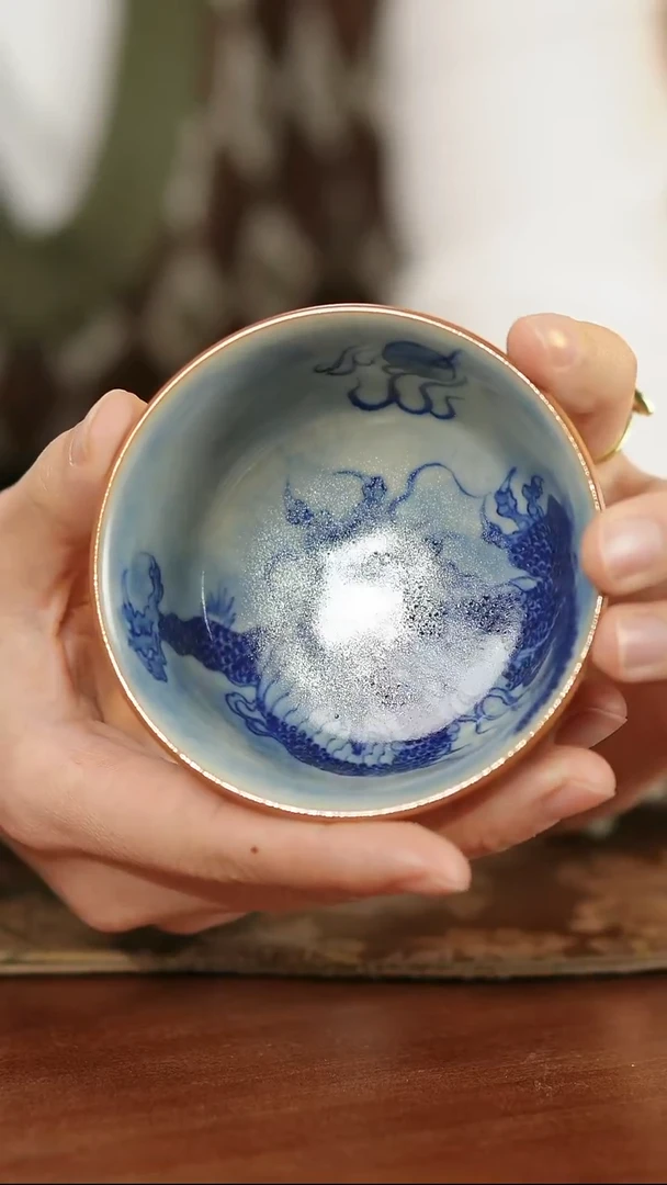 善窑厂汝窑 手绘青花龙纹普洱杯