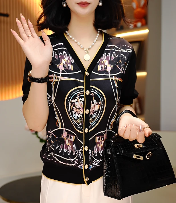 2025新品桑蚕丝字母印花休闲V领时尚通勤女士打底短袖-337