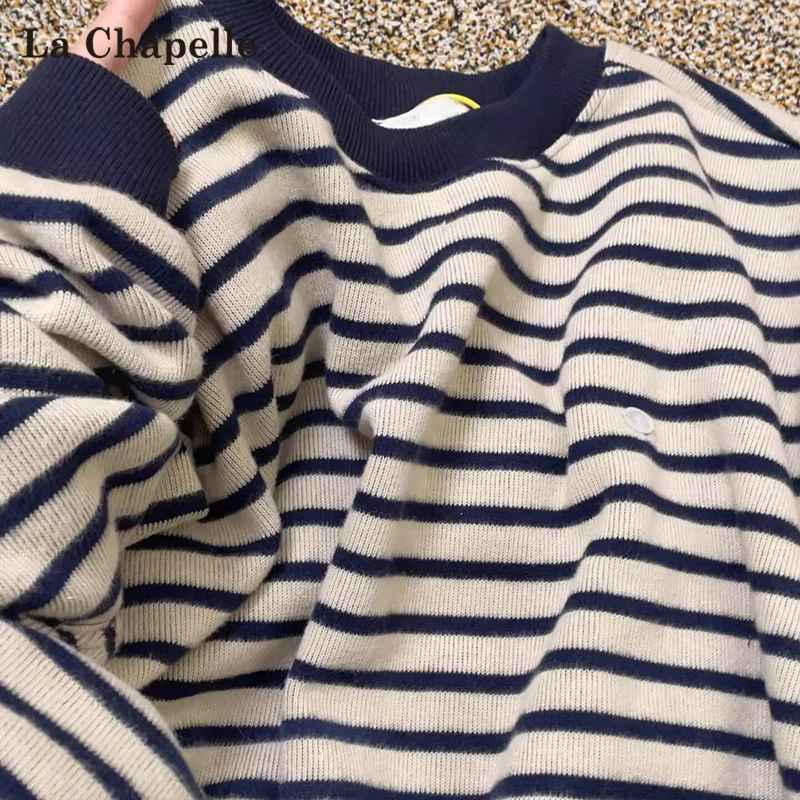 拉夏贝尔藏青色美式条纹圆领卫衣女春秋2025新款宽松套头长袖上衣