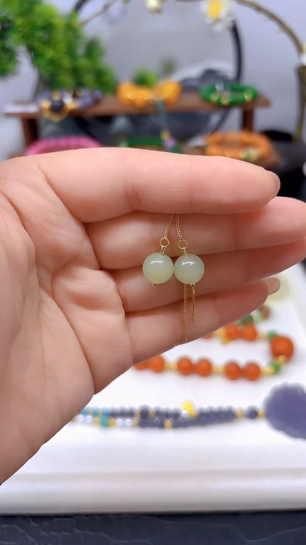 银S925镀金镶嵌和田玉耳饰E723