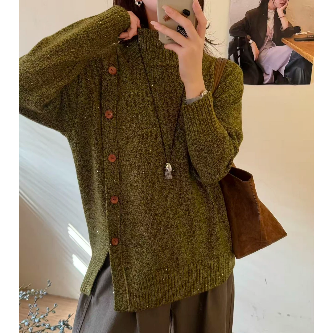 斜边纽扣高领针织衫女冬季新款小众设计花纱撞B212#