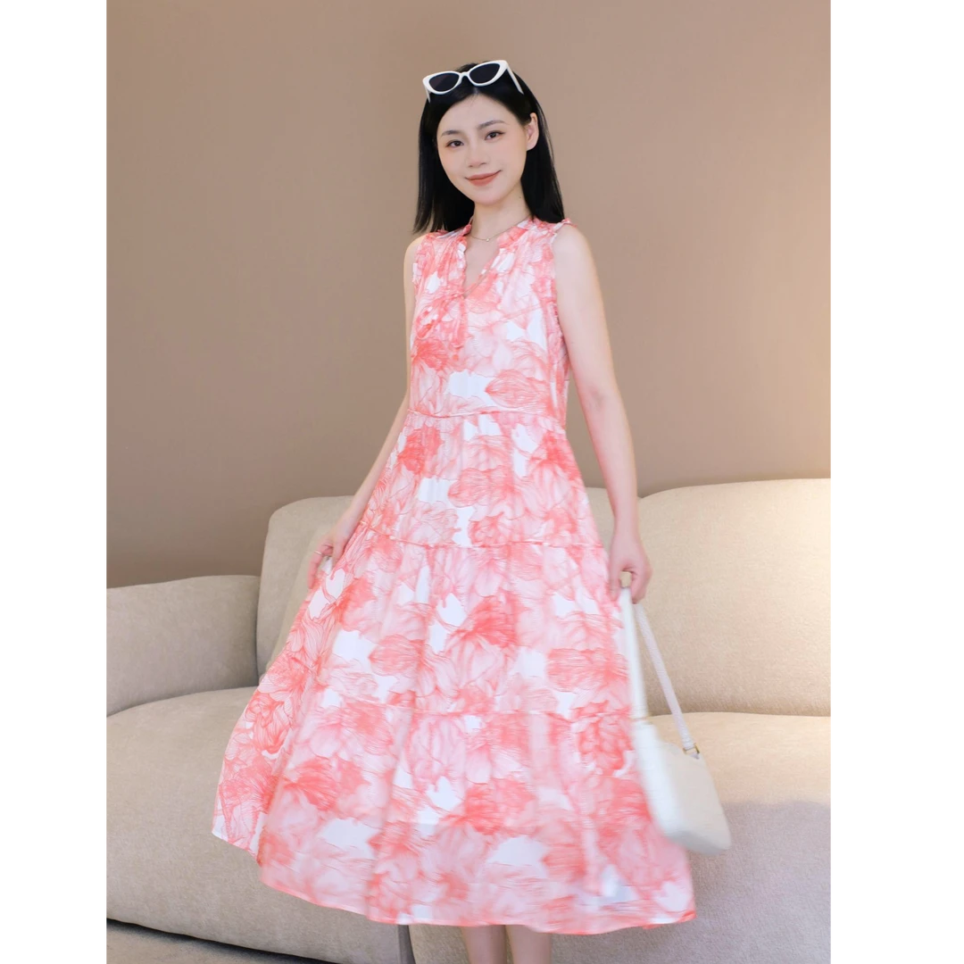 GIRDEAR/哥弟气质浪漫碎花桑蚕丝连衣裙无袖收腰长裙粉色1500497