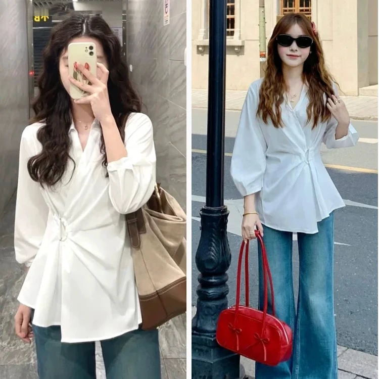 法式白色衬衫女春季新款衬衣不规则设计v字翻领掐腰上衣