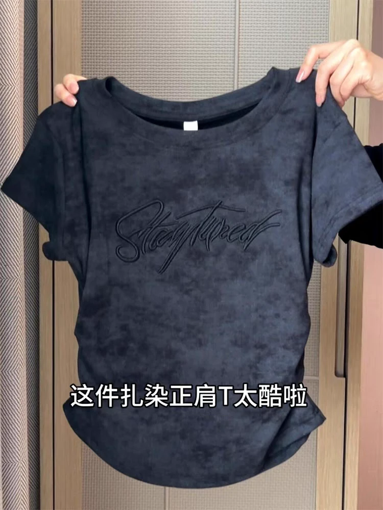 短袖女t恤大码夏季2025新款爆款显瘦收腰褶皱扎染体恤衫短款上衣