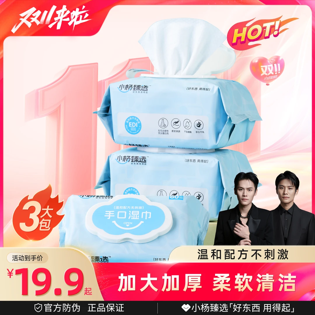 小杨臻选大包湿巾80抽柔软家用手口湿巾/便携湿巾10抽清洁家庭装