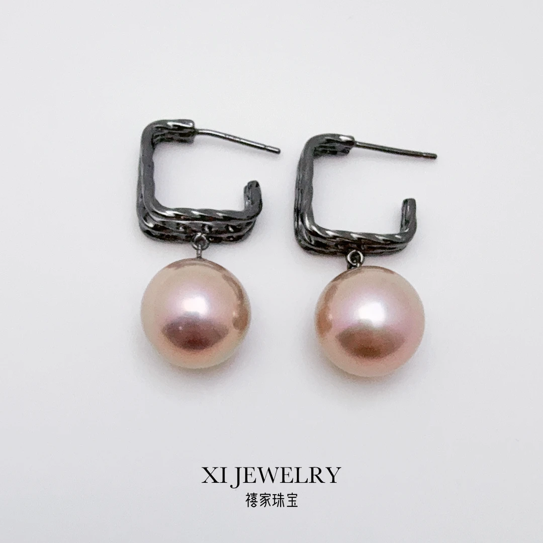 禧家天然淡水爱迪生珍珠13mm+S925银耳环时尚气质百搭复古经典