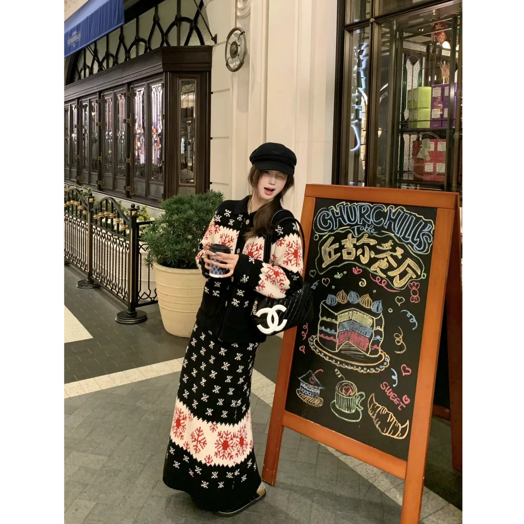 【费尔岛雪夜】韩系慵懒风雪花撞色针织开衫外套上衣高腰半身长裙
