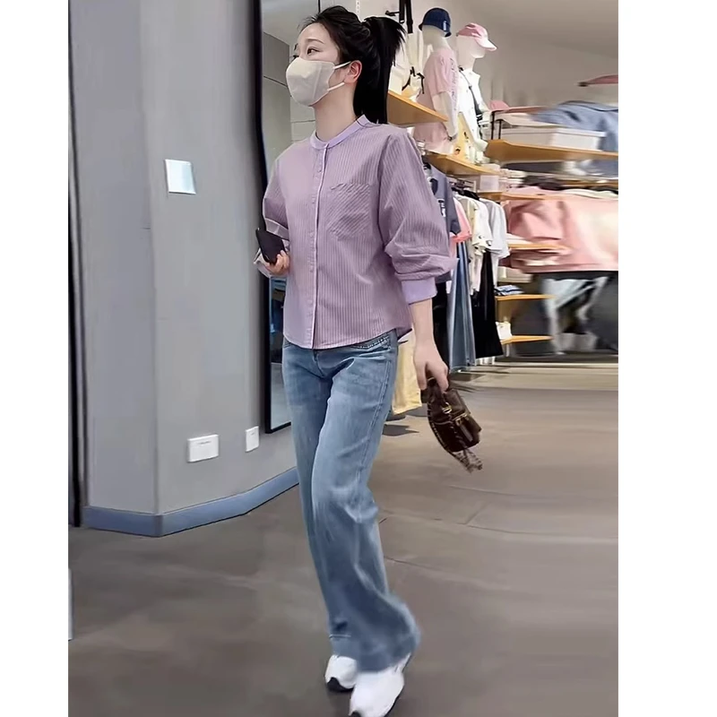 2025早秋搭配一整套小个子炸街干练气质紫色衬衫牛仔裤套装女夏季