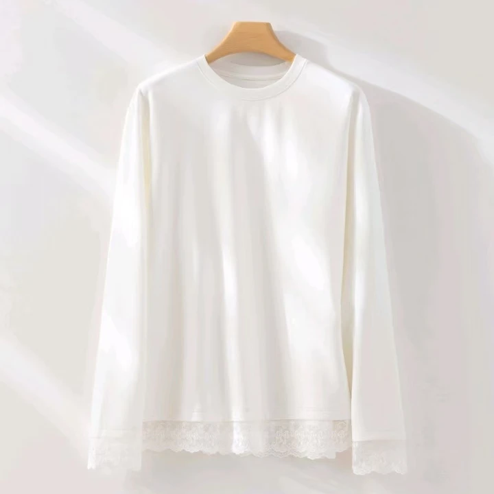 XCENN/棉弹圆领长袖蕾丝拼接打底衫纯色内搭T恤QY0A2511