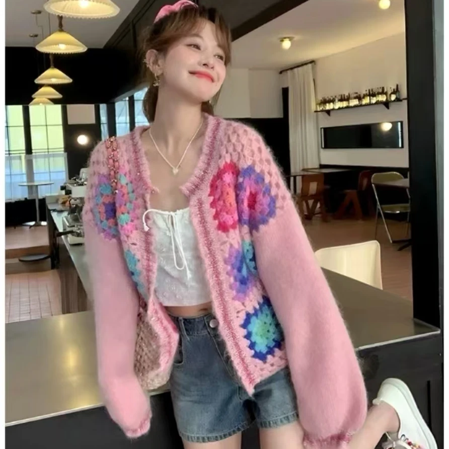 “镂空多巴胺”限量毛衣纱线重工少女氛围感钩花针织开衫