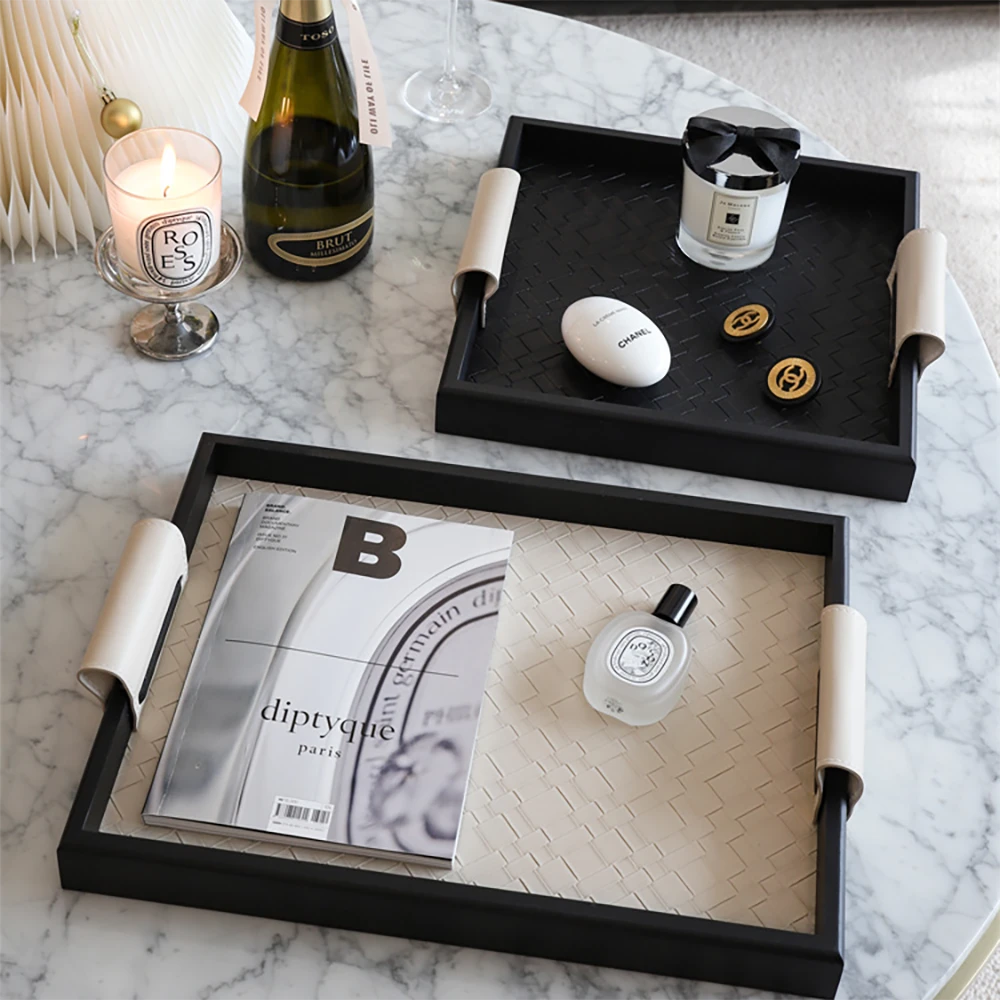 实木皮革托盘轻奢玄关钥匙收纳盘盒中古高档黑色香薰家用简约摆件