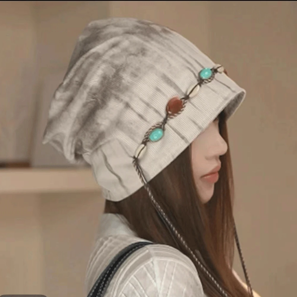 秋冬新款波西米亚扎染包头帽无檐帽子冷帽女流苏民族风堆堆帽
