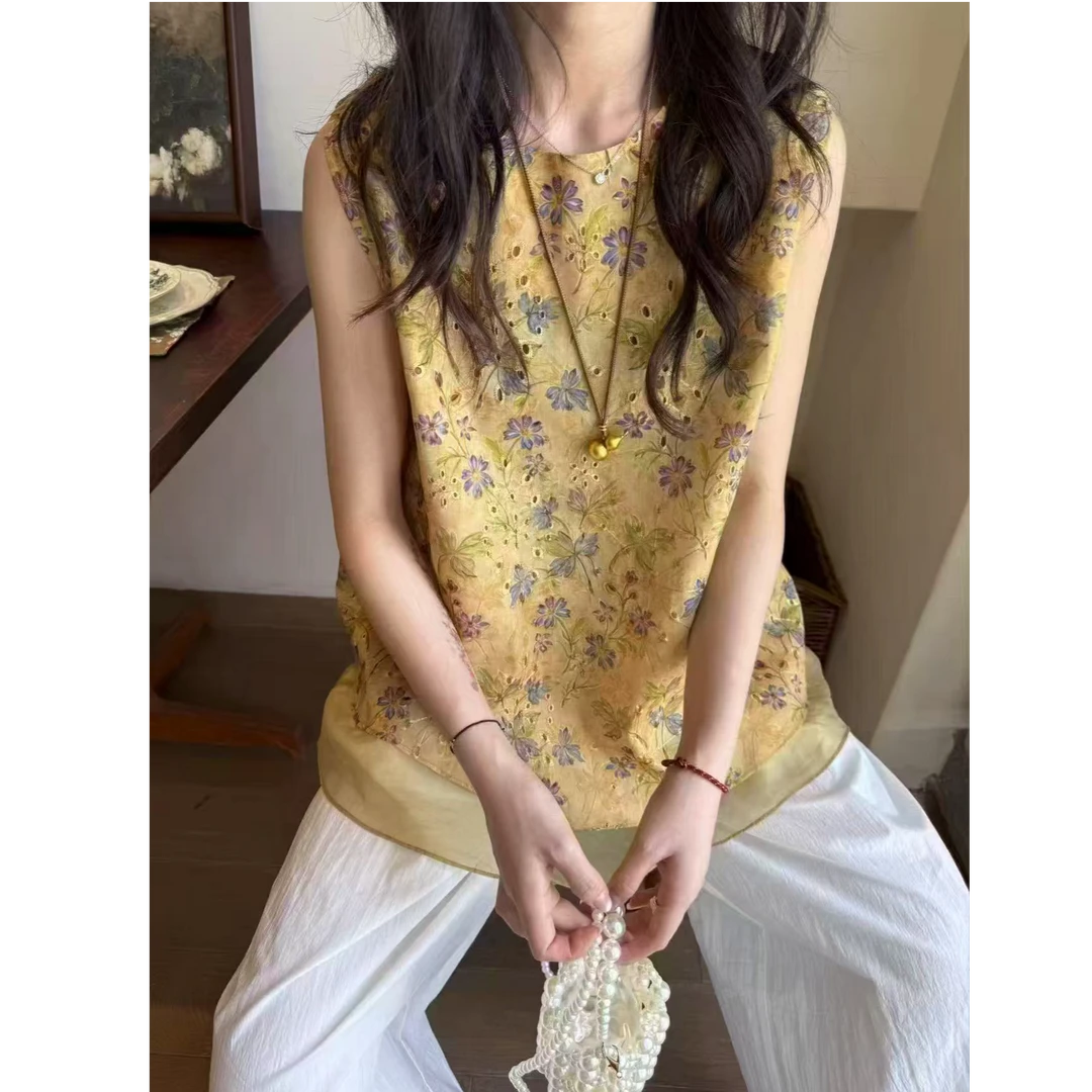 86899新中式国风2025夏季新款圆领印花短袖背心裙中长款潮提花气