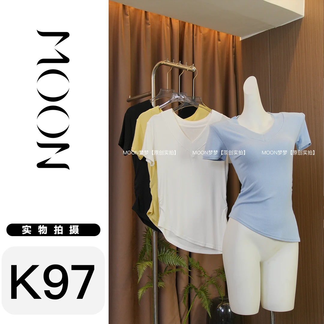 MOON-清爽穿搭V领短袖T恤简约日常百搭约会度假气质高级感新款*97