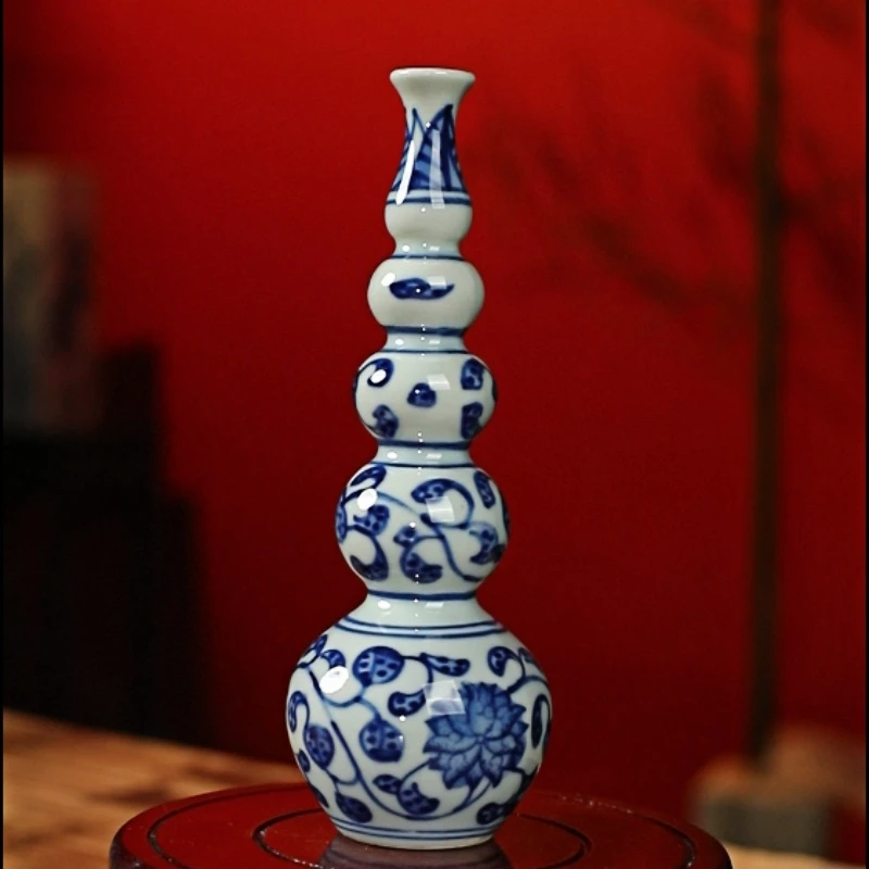 2 景德镇陶瓷花瓶全手工手绘古色古香古味缠枝莲青花五节葫芦瓶