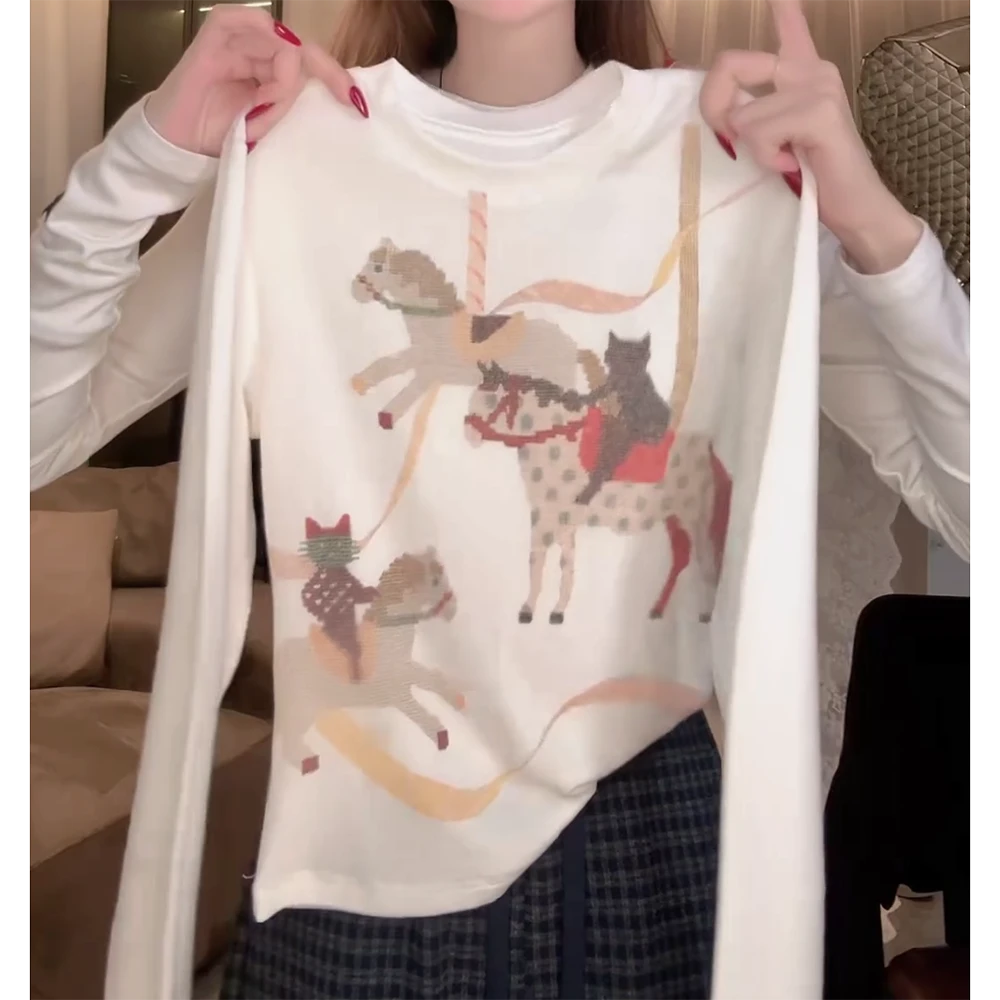 【旋转木马】 秋季流光风时尚流行印花T恤正肩W1279