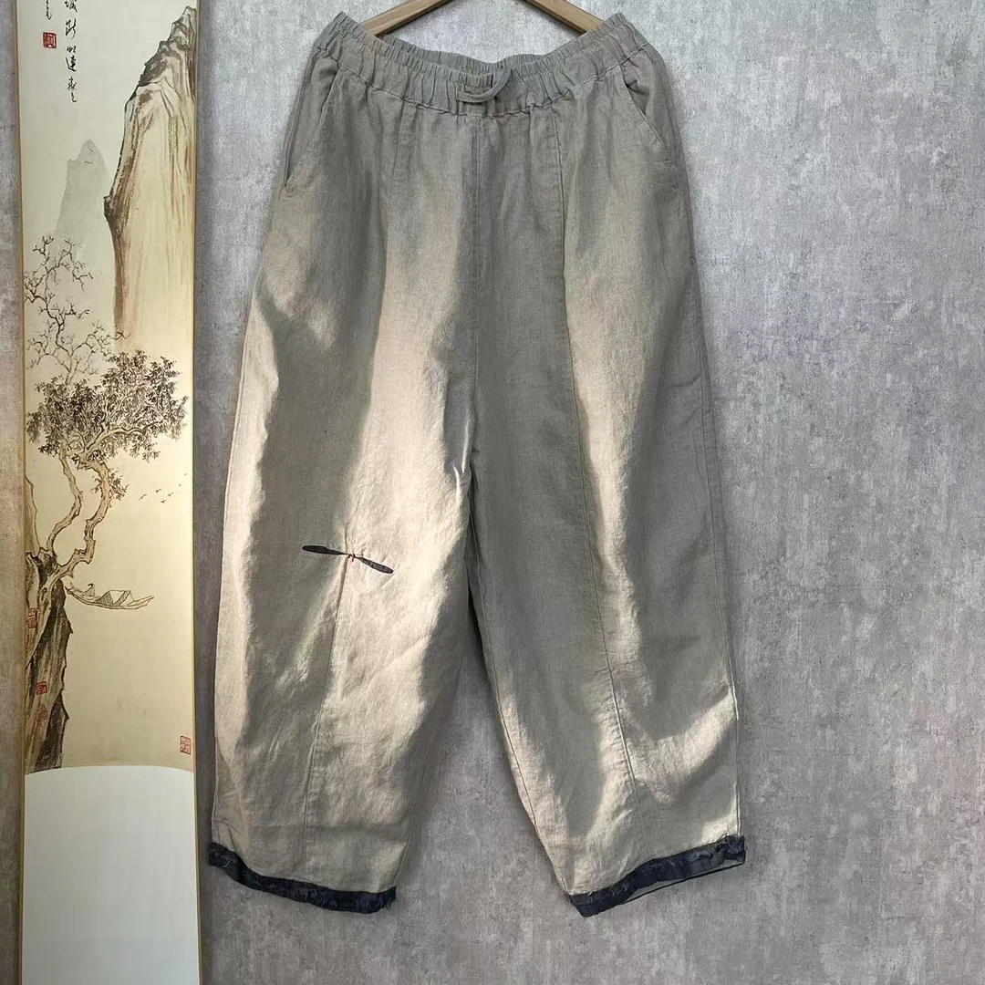 芬雅原创亚麻拼色休闲宽松老爹裤裤长94臀围134