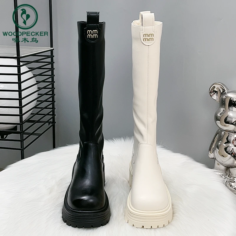啄木鸟白色长筒靴女2025新款秋冬加绒靴子粗高跟高筒靴不过膝长靴