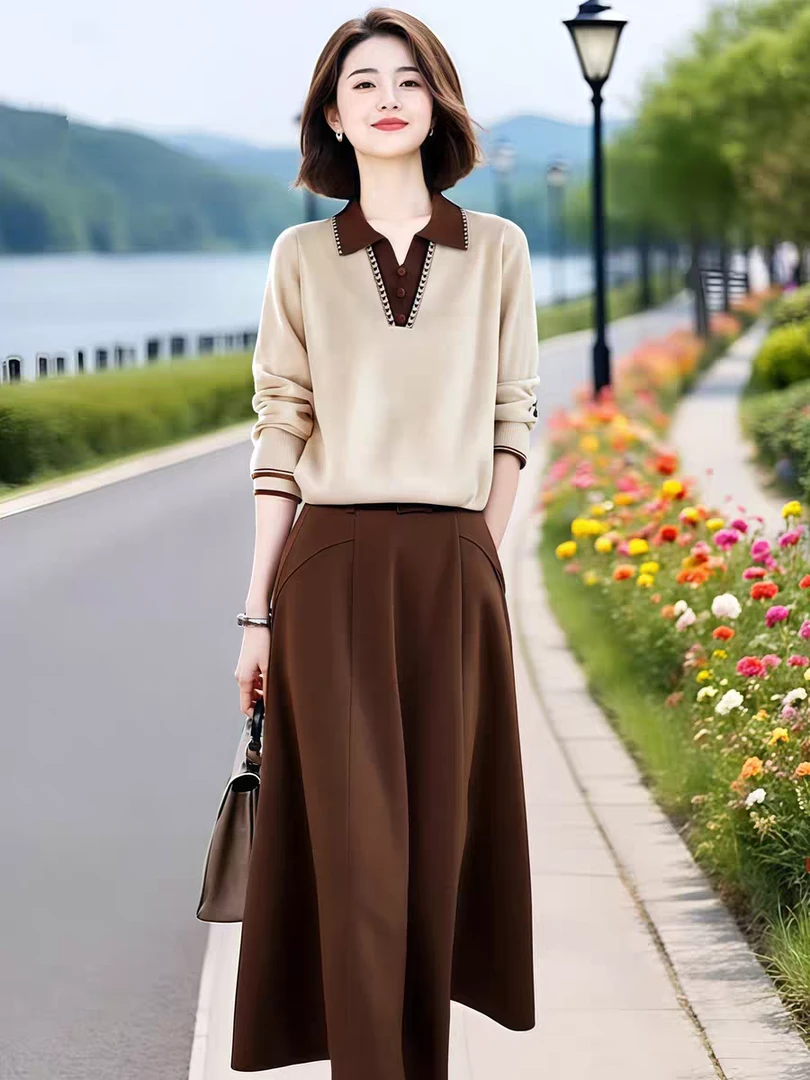 2025女装秋季新款设计感时尚百搭撞色针织衫+显瘦半身裙两件套