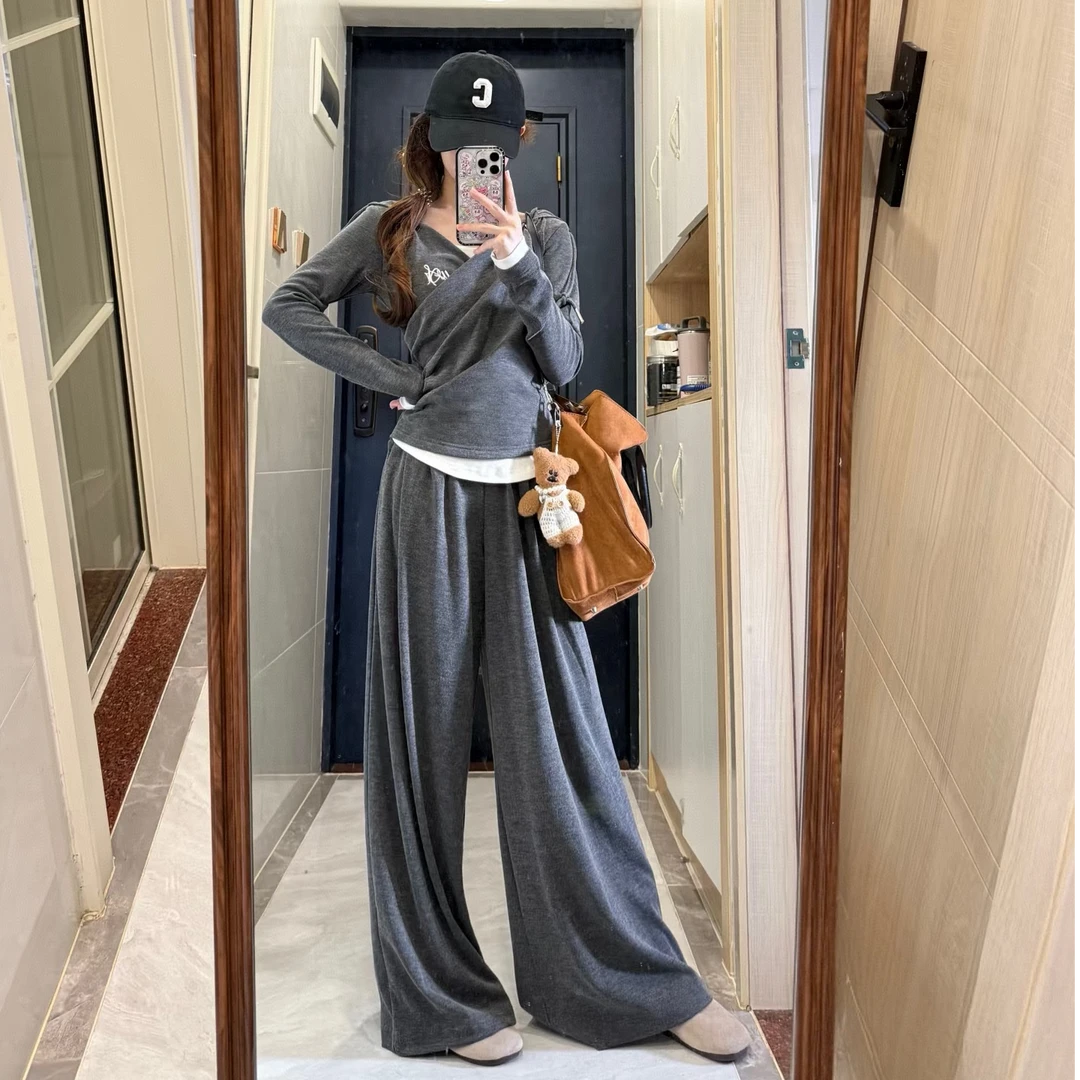 韩系新款灰色假两件连帽卫衣女秋季高级感休闲百搭阔腿裤两件套