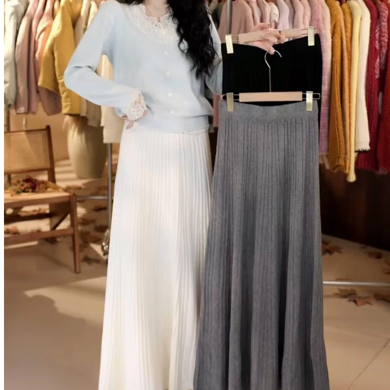 纯色高腰显瘦麻花纹针织半身裙秋冬时尚休闲垂感A字大裙摆裙8947