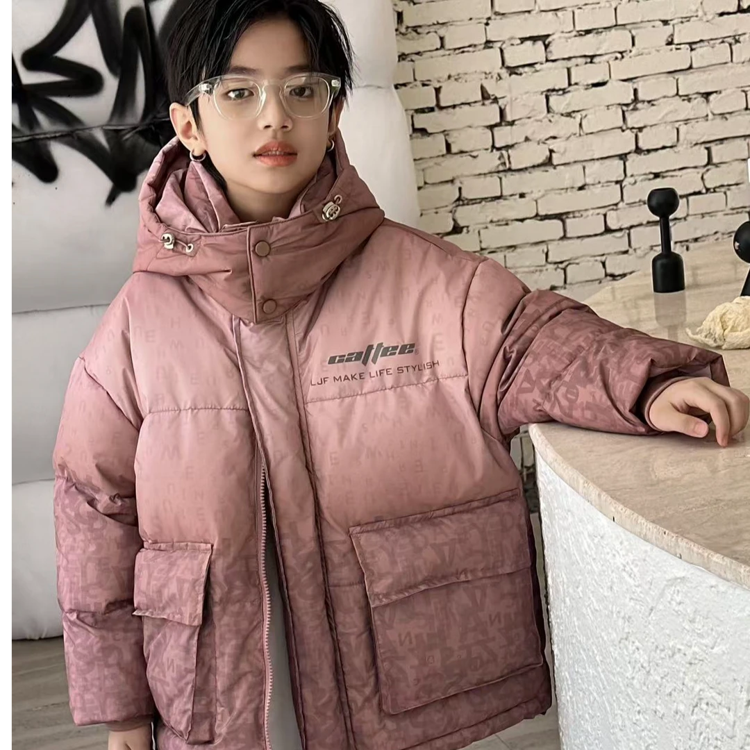 （1006）儿童冬季中长款加厚外套字母水墨连帽韩版绒服