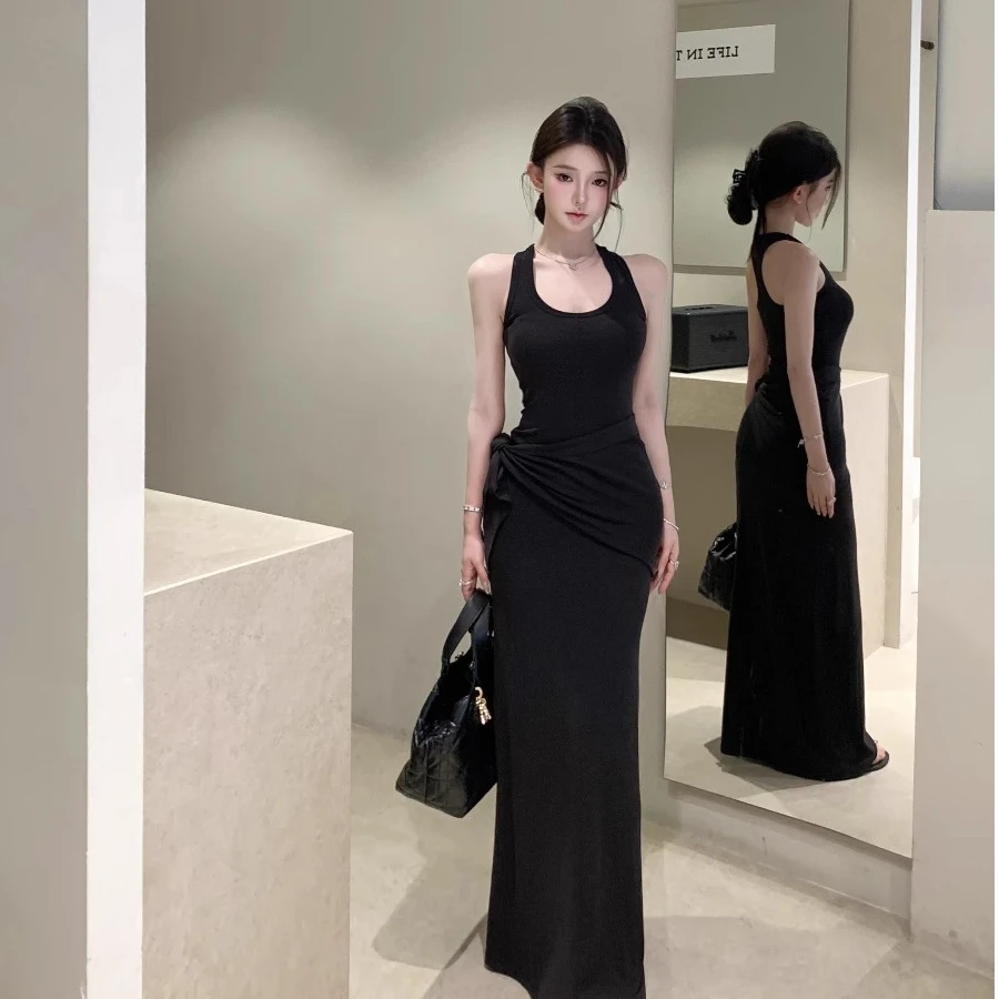 黑色u领无袖工字背心连衣裙女夏季辣妹收腰修身裙子气质包臀长裙