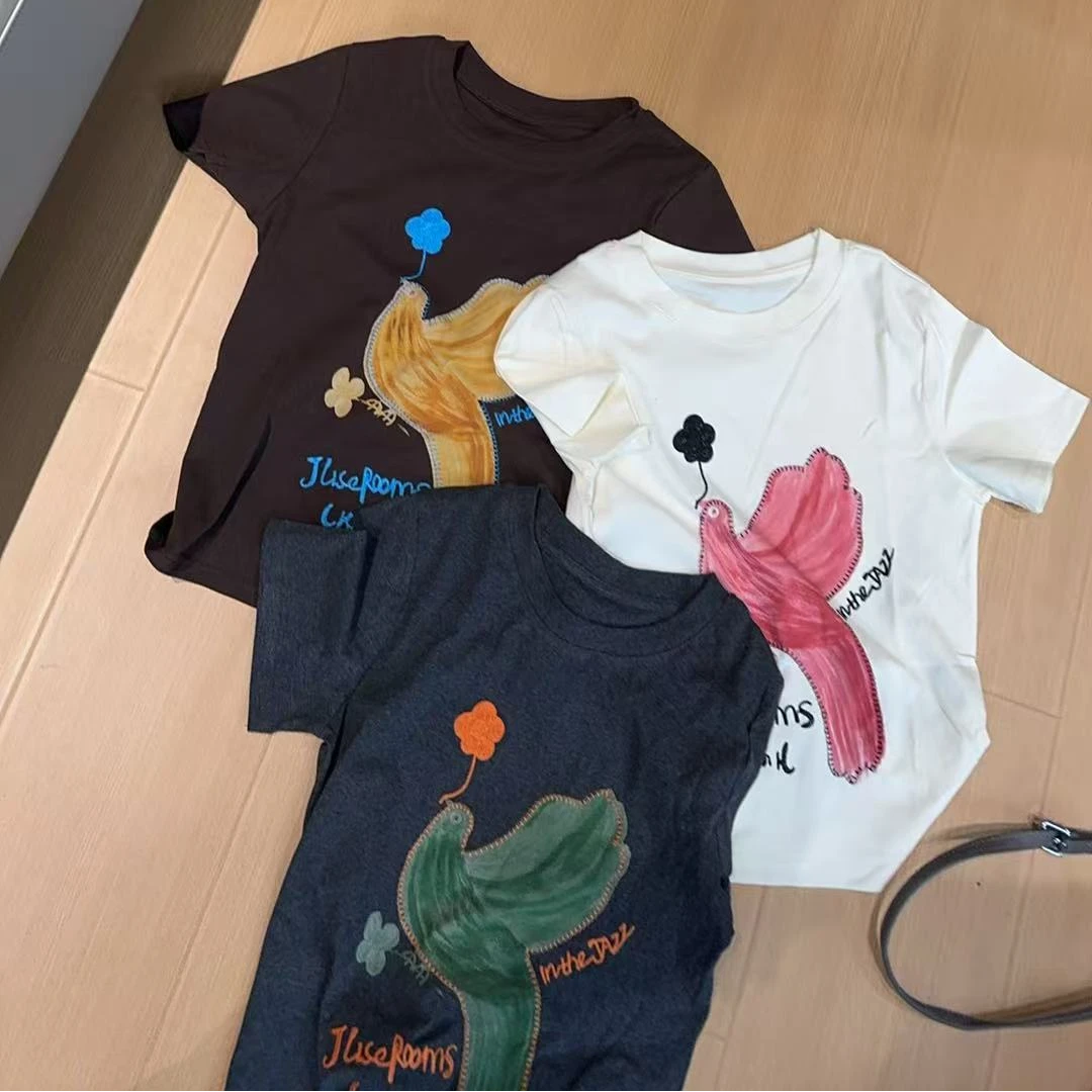 【文乐乐】秋季新款韩版洋气个性小鸟印花时尚休闲潮流短袖T恤6819