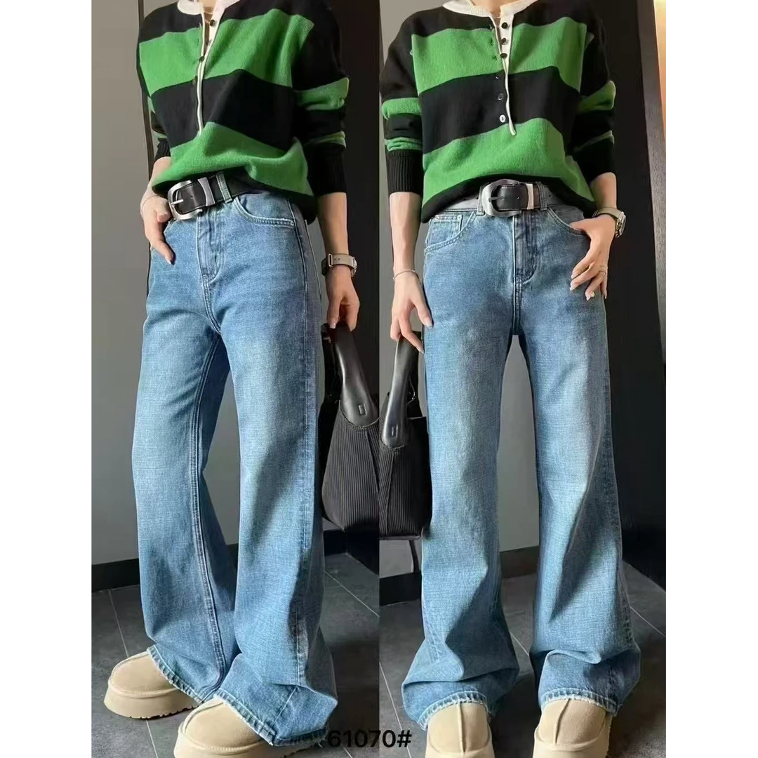 61070复古水洗微喇牛仔裤新款女装高腰修身喇叭裤垂感阔腿拖地裤