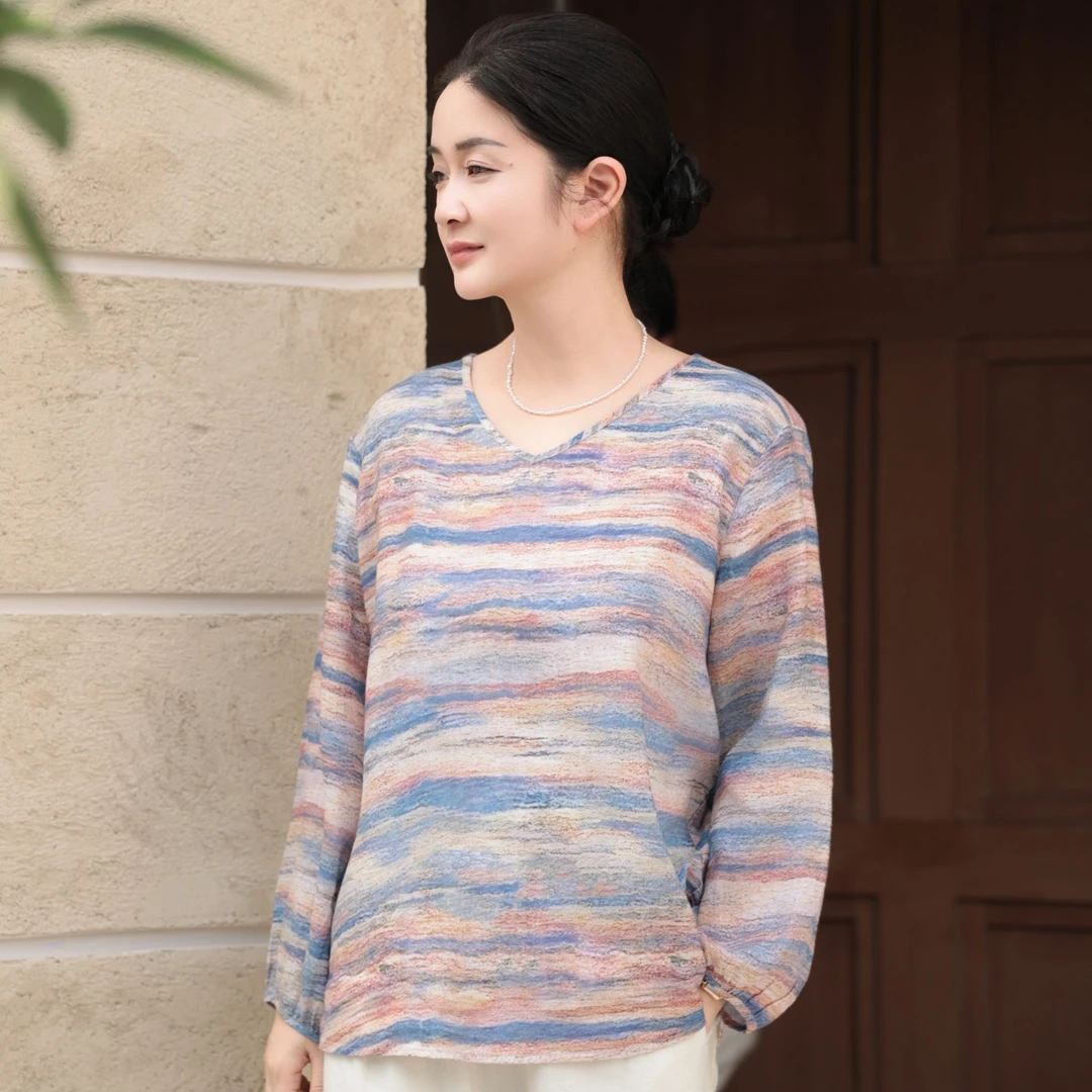 麻享【彩虹条纹T恤】60支纯汉麻T恤波浪纹条纹宽松女士上衣FSY50828