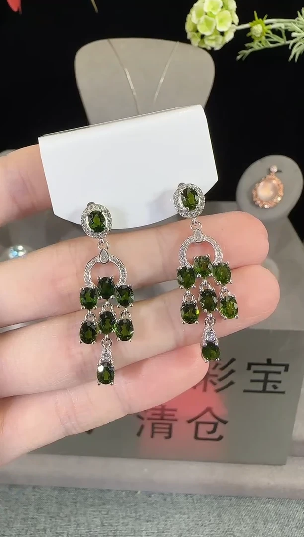 耳坠透辉石银S925镶嵌3*6mm耳坠