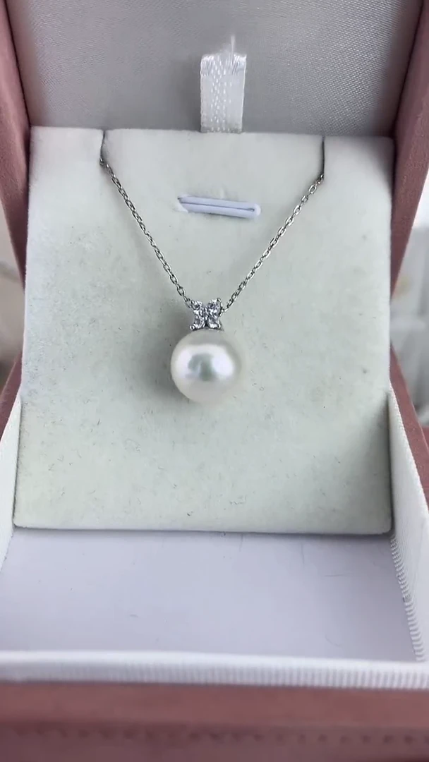 颈饰银S925镶嵌淡水珍珠14天然珍珠奥白光四叶草吊坠12-13