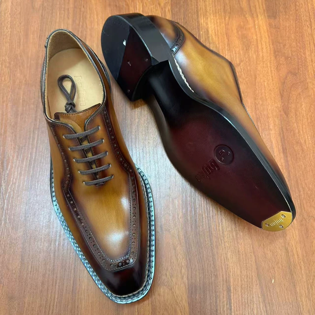 【Bujan】牛津手工擦色木色棕牛津系带正装商务挪威四线真皮底牛皮