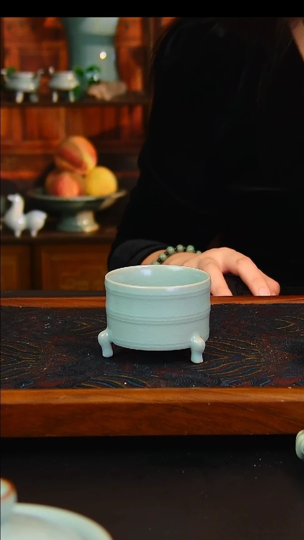 瓷片全手工仿古釉三足杯，全品